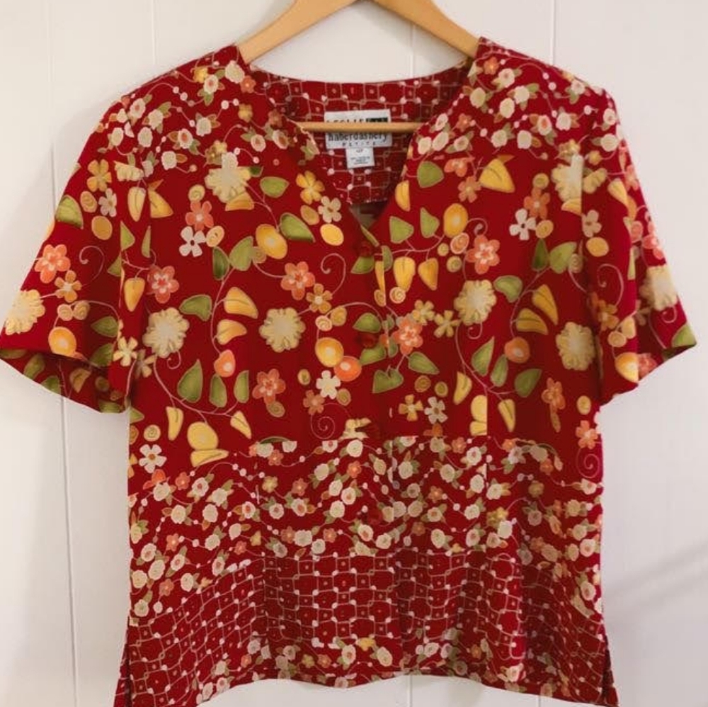 Vintage Leslie Fay Haberdashery Petite Women Top Size 12P Red Yellow Vneck